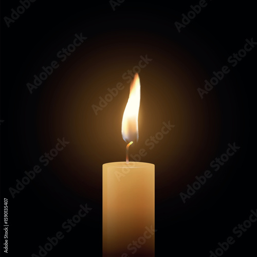 Realistic Vector Candle Flame Clipart on Dark Background. Single Wax Pillar Candle with Soft Warm Glow and Flickering Flame, Ambient Lighting Design Template for Web, Print. Square Banner