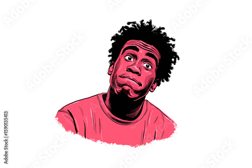 African American man with confused expression in hand-drawn illustration  