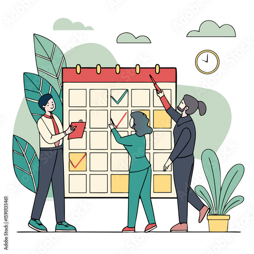 Business Planning Concept with Team Making Notes on Calendar Isolated Vector
