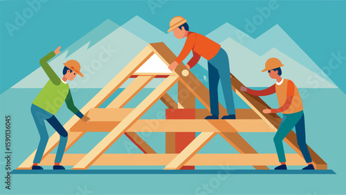 A team of carpenters carefully aligning and securing roof trusses in preparation for shingling.. Vector illustration