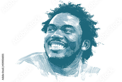 Smiling African American man with curly hair in a hand-drawn illustration  