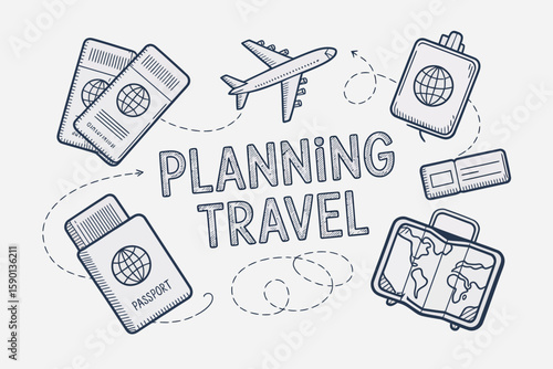 Hand drawn illustration features planning travel with passport, airplane, suitcase, ticket, and globe for wanderlust concept.