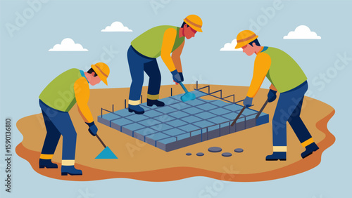 A team placing geogrid reinforcement on the ground before pouring concrete for a foundation providing extra support to the structure and preventing. Vector illustration