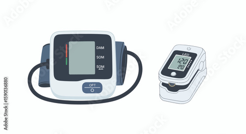 Illustration of a digital blood pressure monitor with cuff and a pulse oximeter, both medical devices used for health monitoring.