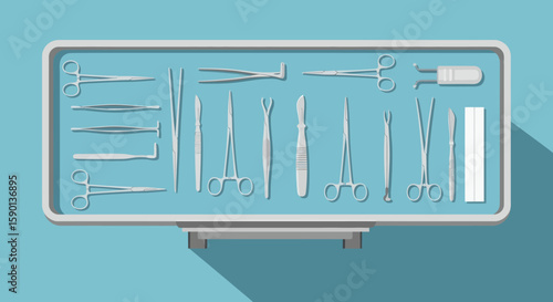Overhead view of a surgical tray containing various sterile surgical instruments, including forceps, scalpels, and clamps, arranged neatly on a blue background.