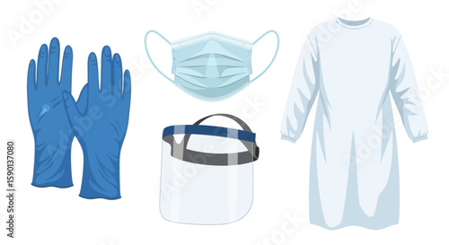 Illustration of essential personal protective equipment including gloves, mask, face shield, and gown.