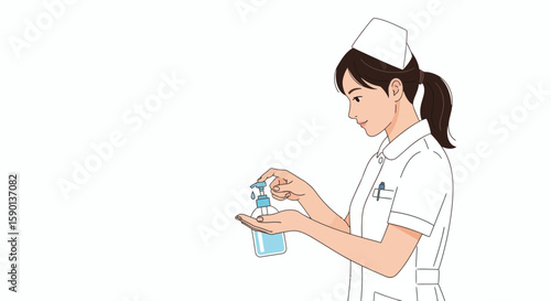 A young nurse in uniform dispensing hand sanitizer into her palm, ready for use.