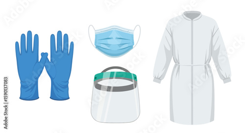 Illustration of medical protective equipment, including gloves, mask, face shield, and gown.