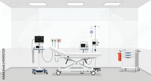An illustration of a sterile hospital room with a medical bed, monitoring equipment, IV drip, and a rolling medical cart.