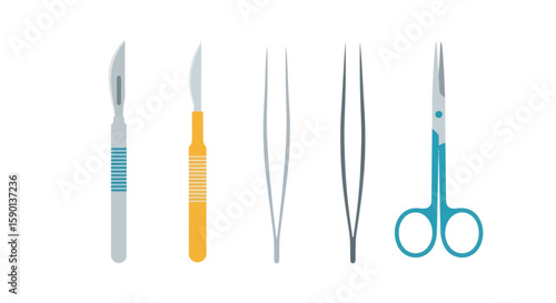 Illustration of surgical instruments: two scalpels, two tweezers, and a pair of scissors, all neatly arranged on a white background.