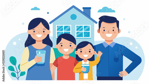 A happy family enjoying clean and safe drinking water in their newly constructed home thanks to the water purification system.. Vector illustration