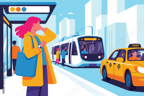Commuter waits for transport, with a tram and taxi, showcasing urban lifestyle with vibrant colors and modern city buildings in the background.