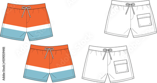 Set of children's denim jeans and shorts vector illustration showing casual blue clothing design for kids in isolated style on white background
