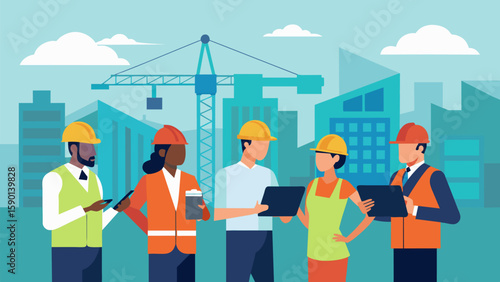 Against the backdrop of a bustling construction site project managers huddle over their tablets strategizing for a successful project completion.. Vector illustration