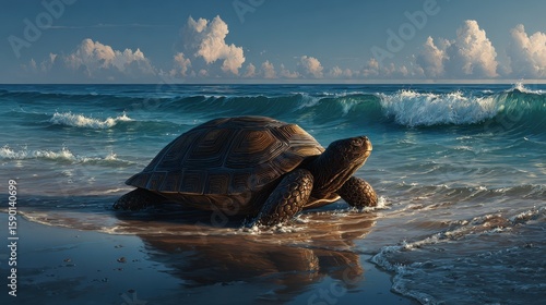 Whimsical illustration of a tortoise on a sunny beach with gentle waves, vibrant ocean, and a clear sky. Suitable for themes of tranquility and nature.