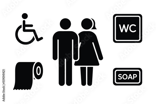 Unisex restroom concept illustrates water closet facility for public use in a black graphic design.