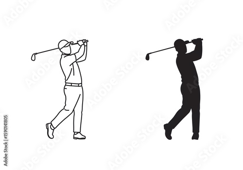 Dual Golfer Silhouettes in Follow-Through Swing with Outline and Solid Fill Contrast in Monochrome Vector Format