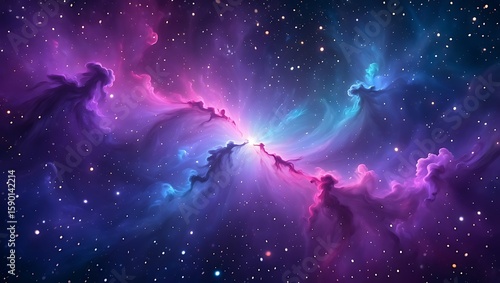 Cosmic Symphony: An Abstract Nebula Painting with Celestial Clouds and Dazzling Stars, A Colorful Nebula Swirls Across the Canvas of Space, Illuminated by Distant Starlight