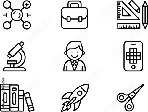 Collection of simple line icons representing education business and science concepts suitable for website navigation or application design.