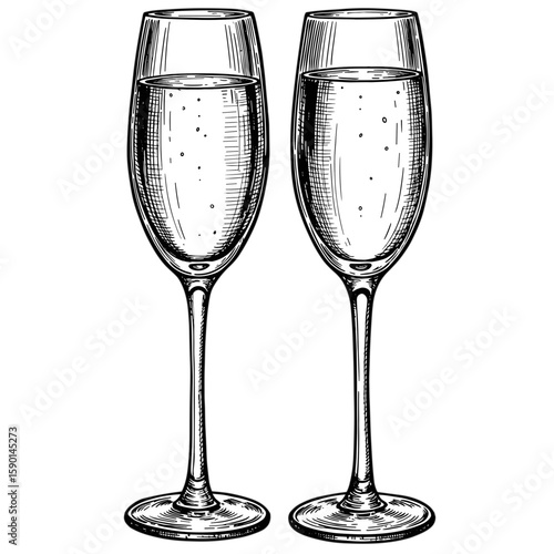 Vintage ink sketch two champagne glasses with bubbles inside, doodle black and white vector illustration on white background, engraving woodcut style