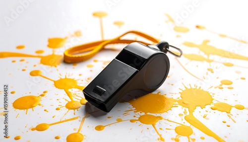 Wallpaper Mural Black whistle on a white surface with yellow paint splatters Torontodigital.ca