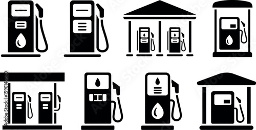 Illustration of various black gas station pump icons on a white background in a vector format