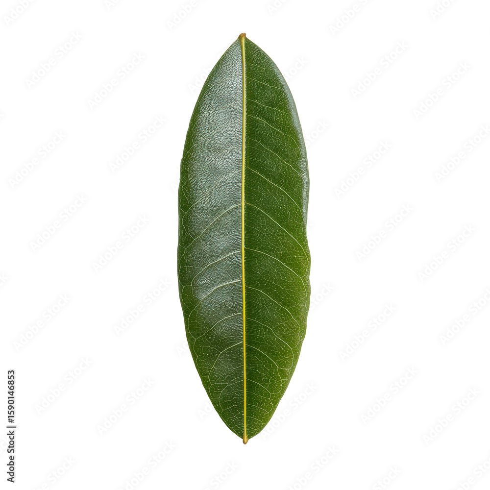 Obraz premium Mango Leaf Centered Showing Gentle Taper and Bright Tropical Midrib Line, Isolated