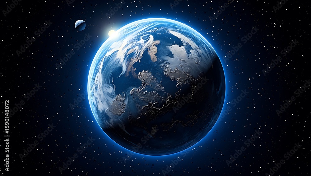 Fototapeta premium Stunning view of Earth and its moon from space with a dazzling sun, A captivating depiction of our planet bathed in cosmic light against a starry expanse