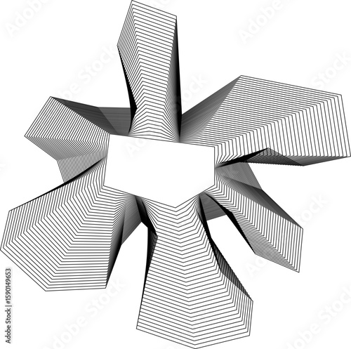 Straight protruding lines layered concentrically around a square hollow center with geometric movement.