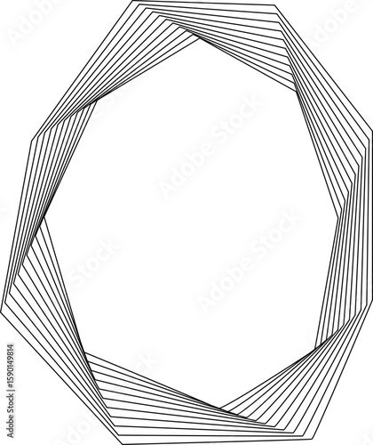 Abstract form composed of hard-edged concentric square lines with hollow center and geometric movement.