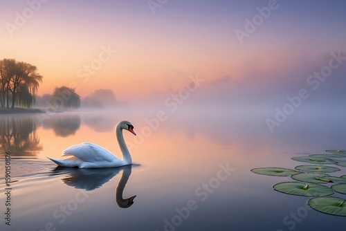 Fototapeta Naklejka Na Ścianę i Meble -  Graceful white swans glide on a calm lake, their reflections shimmering under a beautiful sunset sky