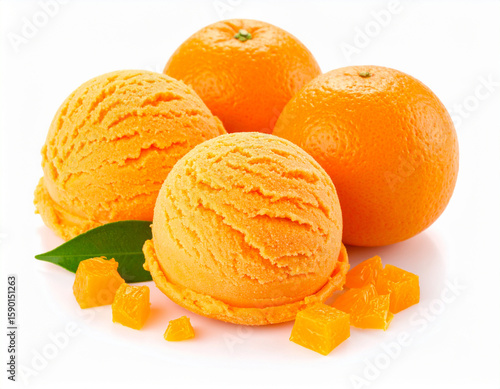 Three scoops of orange ice cream with fresh oranges and candied orange pieces.
