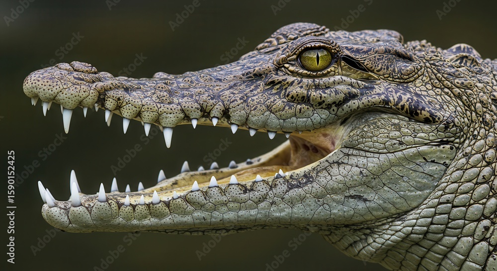 Fototapeta premium Fierce Alligator Portrait with Open Jaw – Hyper-Realistic Close-Up in Dramatic Cinematic 8K Detail