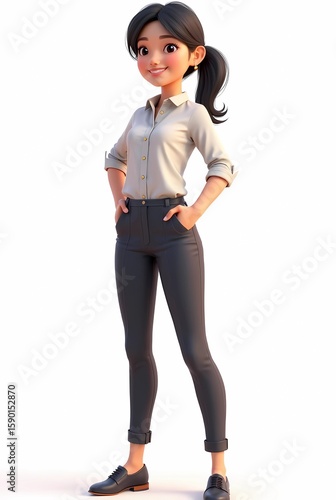 A young businesswoman avatar wearing a white collared shirt stands confidently isolated on a white background. AI-generated