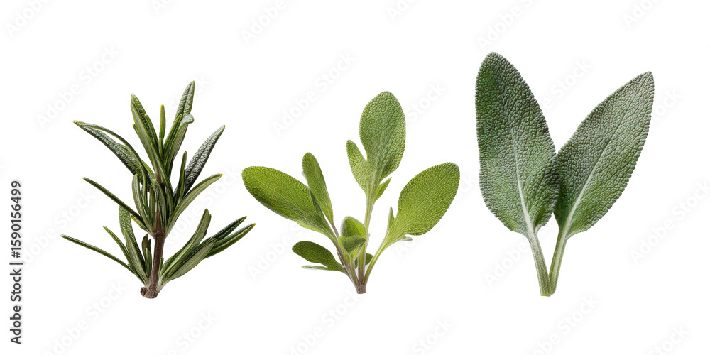 Naklejka premium Halftone Engraving Trio of Rosemary Thyme Sage Leaves Parallel Layout