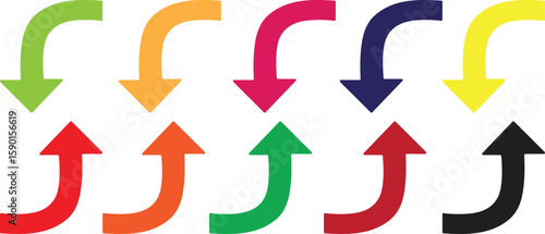 Colorful curved arrows pointing up and down on white background