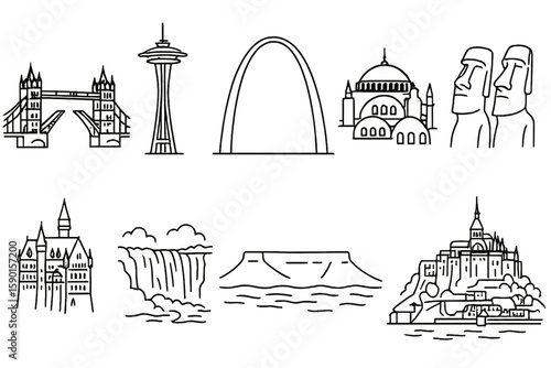 Landmark line icon set. global monuments and architecture illustrated in outline style