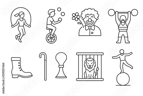 Circus, performance outline icon set. acrobat, clown, circus act line collection