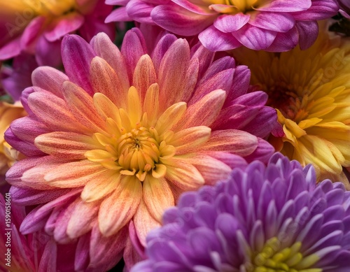 vibrant close up of blooming chrysanthemums in a stunning mix of pink yellow orange and purple hues showcasing nature s beauty in rich floral textures and soft petals