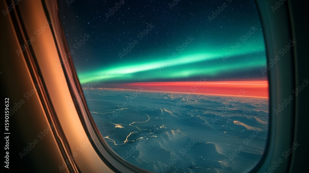 Naklejka premium View from an airplane window showing the Northern Lights, generative ai