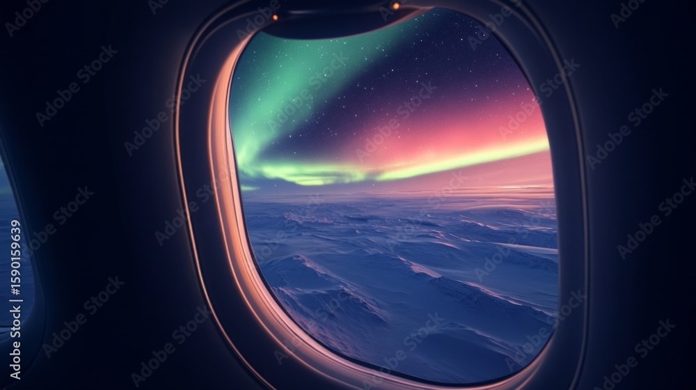 Fototapeta premium View from an airplane window showing the Northern Lights, generative ai