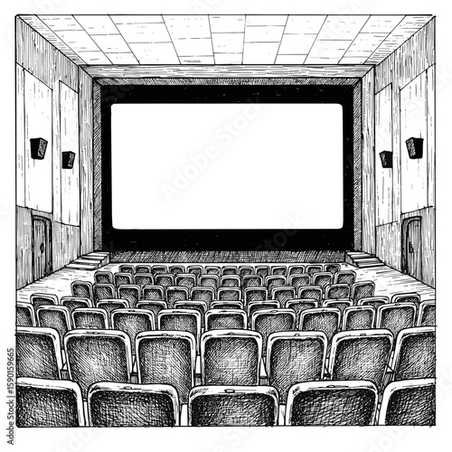  Engraving vintage ink sketch – Empty cinema with seats and blank screen – hand-drawn black and white vector illustration