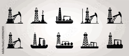 Collection of black silhouette icons representing various oil and gas extraction equipment