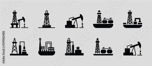 Collection of black silhouette icons representing oil and gas industry equipment