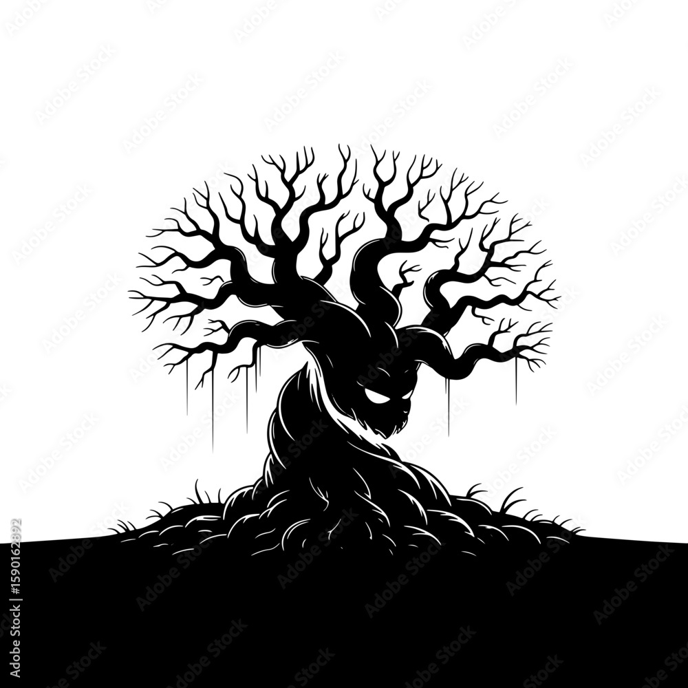 Fototapeta premium Spooky tree with face Halloween black silhouette vector, spooky simple silhouette design icon on white background, Halloween clipart illustration