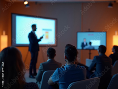 Conférence professionnelle avec présentation visuelle devant un public attentif
