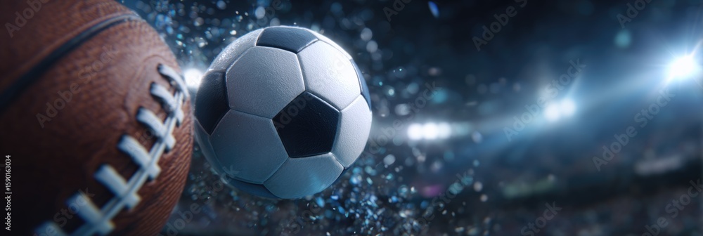 Naklejka premium A football and a soccer ball are captured mid-air, demonstrating dynamic motion. The atmosphere is charged with energy as lights illuminate the sports arena, enhancing the excitement of the game