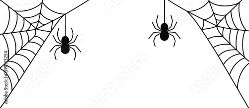 Two black spiders hanging on black spiderwebs against a white background