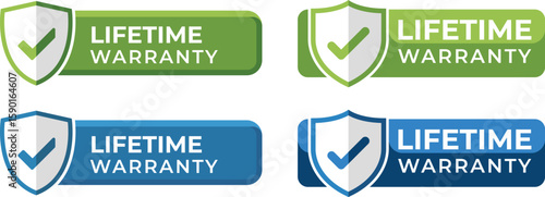 Lifetime warranty certified label icons – shield and checkmark vector signs for durable product assurance, trusted service coverage, and official brand guarantees.
