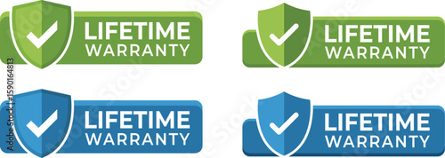 Set of lifetime warranty checkmark shield icons – flat vector guarantee logos in blue and green, ideal for marketing, packaging, electronics, and tools branding.